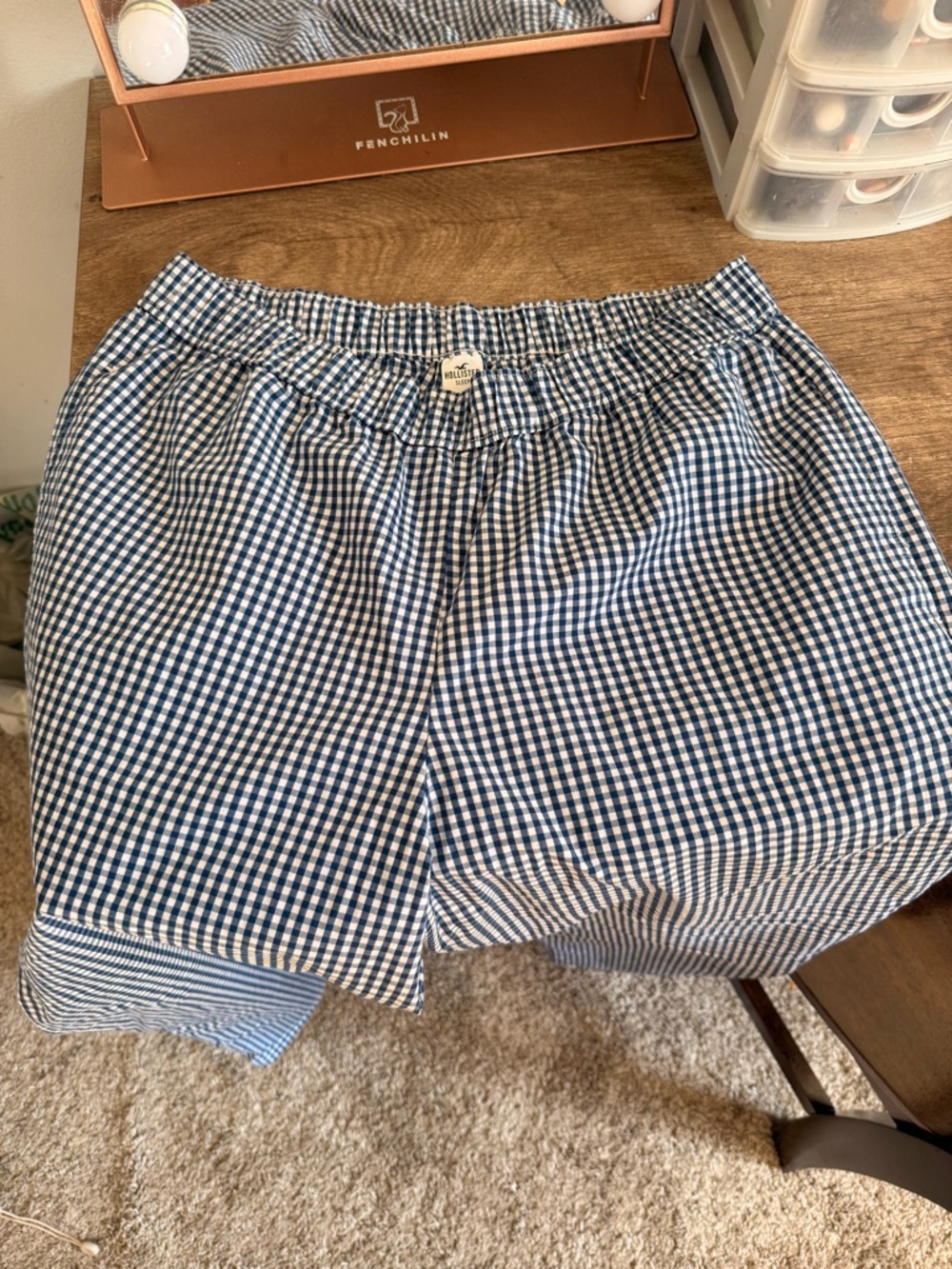Hollister Blue and White Gingham Elastic-Waist Pants